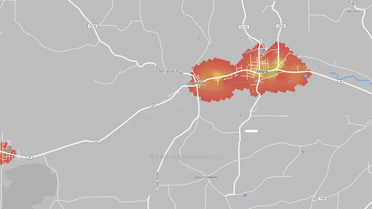 Walk Grade map of Osceola, PA, walkable areas in green and car-dependent areas in red