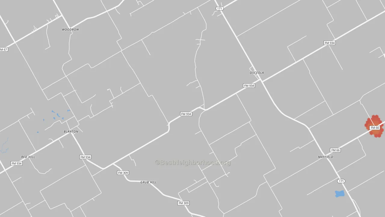 Walk Grade map of Osceola, TX, walkable areas in green and car-dependent areas in red