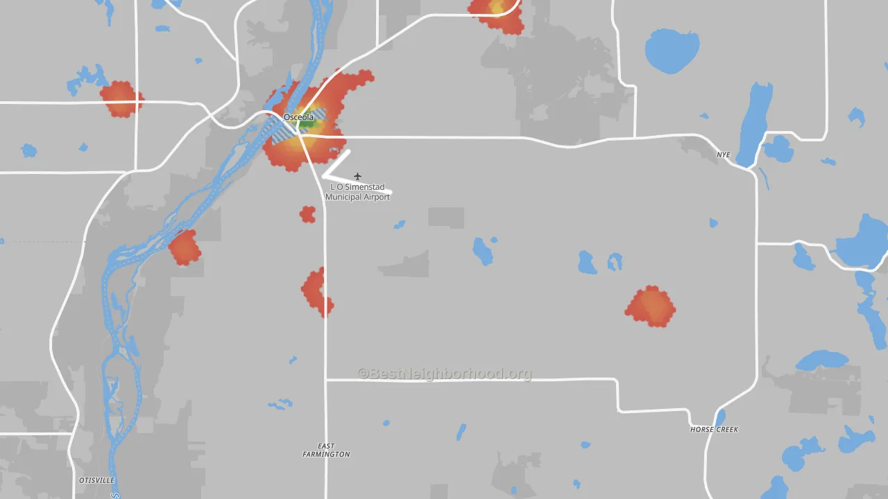 Walk Grade map of Osceola, WI, walkable areas in green and car-dependent areas in red
