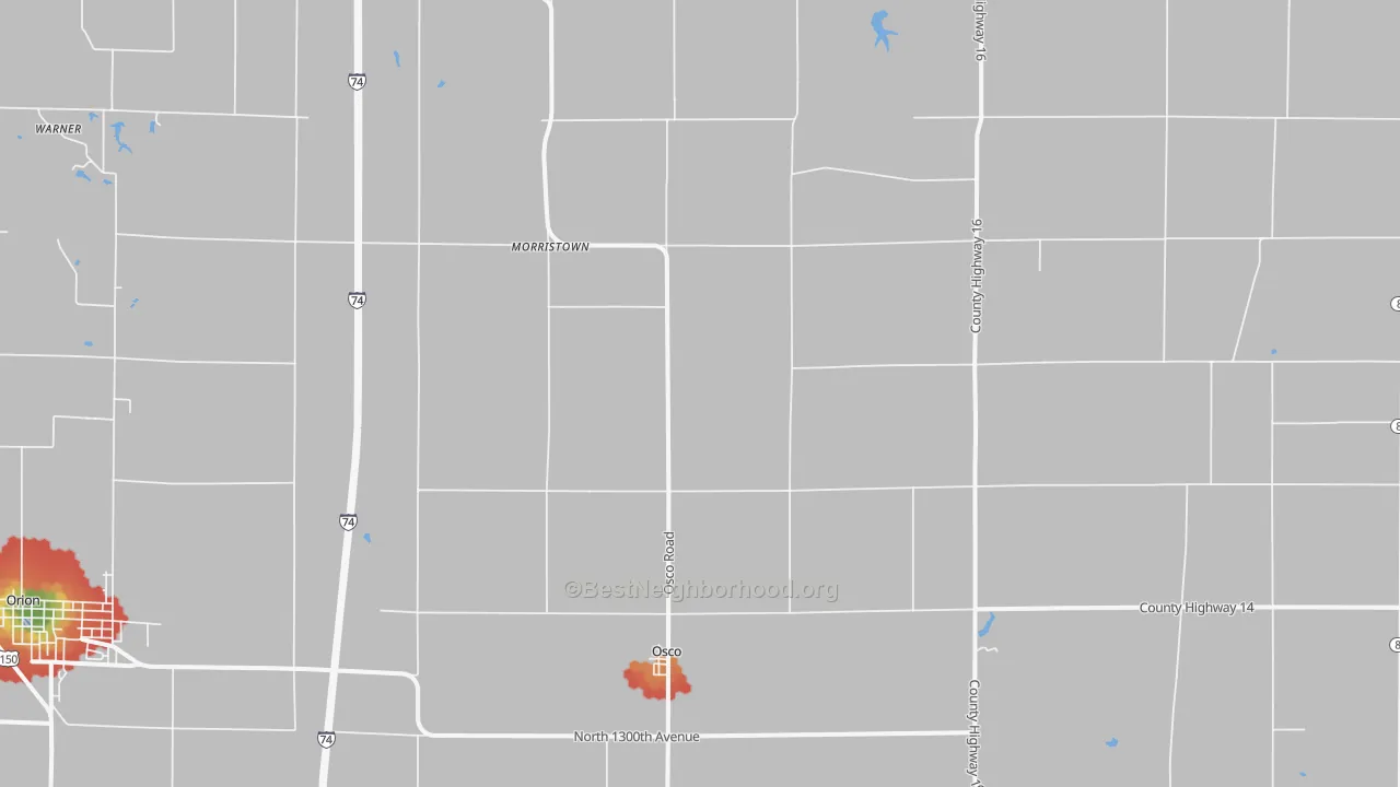 Walk Grade map of Osco, IL, walkable areas in green and car-dependent areas in red
