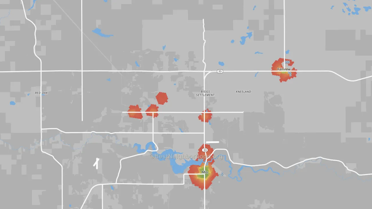 Walk Grade map of Oscoda County, MI, walkable areas in green and car-dependent areas in red
