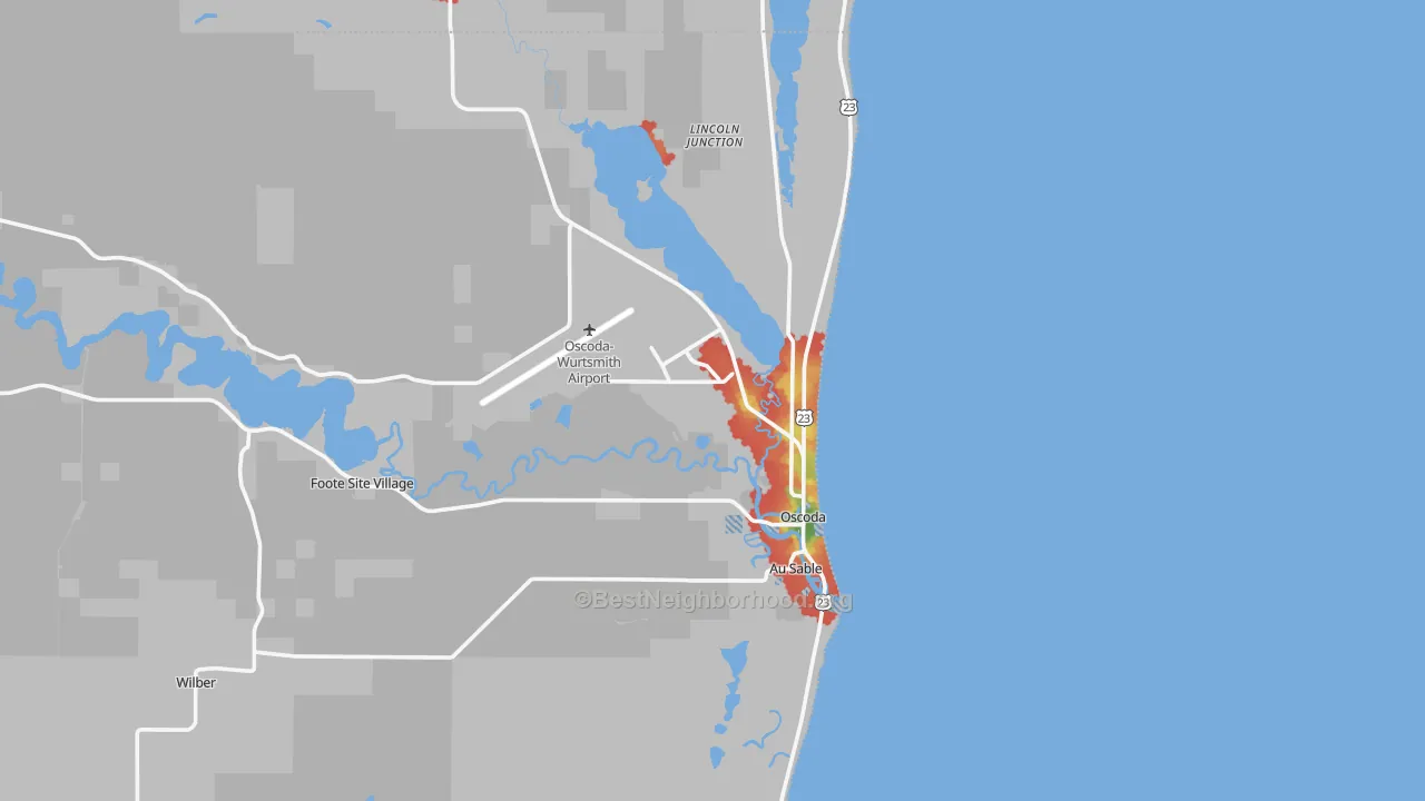 Walk Grade map of Oscoda, MI, walkable areas in green and car-dependent areas in red