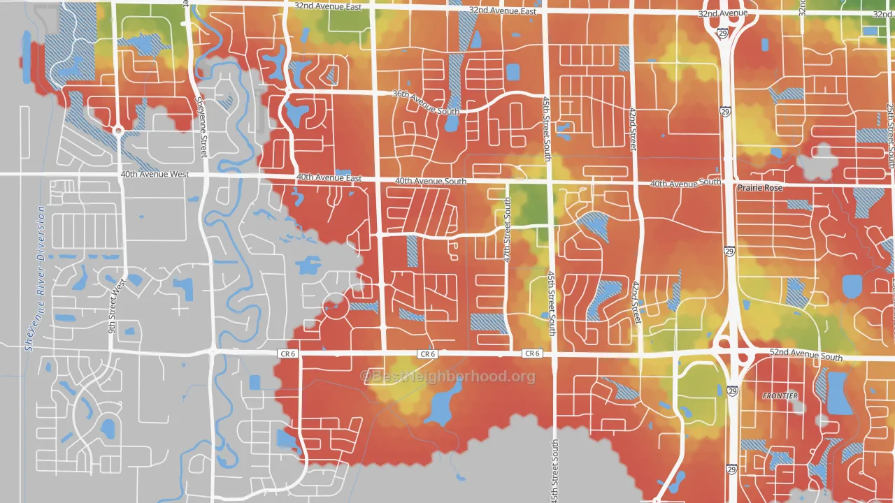 Walk Grade map of Osgood, Fargo, ND, walkable areas in green and car-dependent areas in red