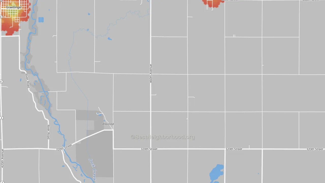 Walk Grade map of Osgood, IA, walkable areas in green and car-dependent areas in red