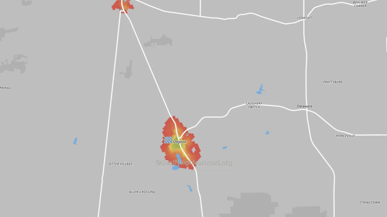 Walk Grade map of Osgood, IN, walkable areas in green and car-dependent areas in red