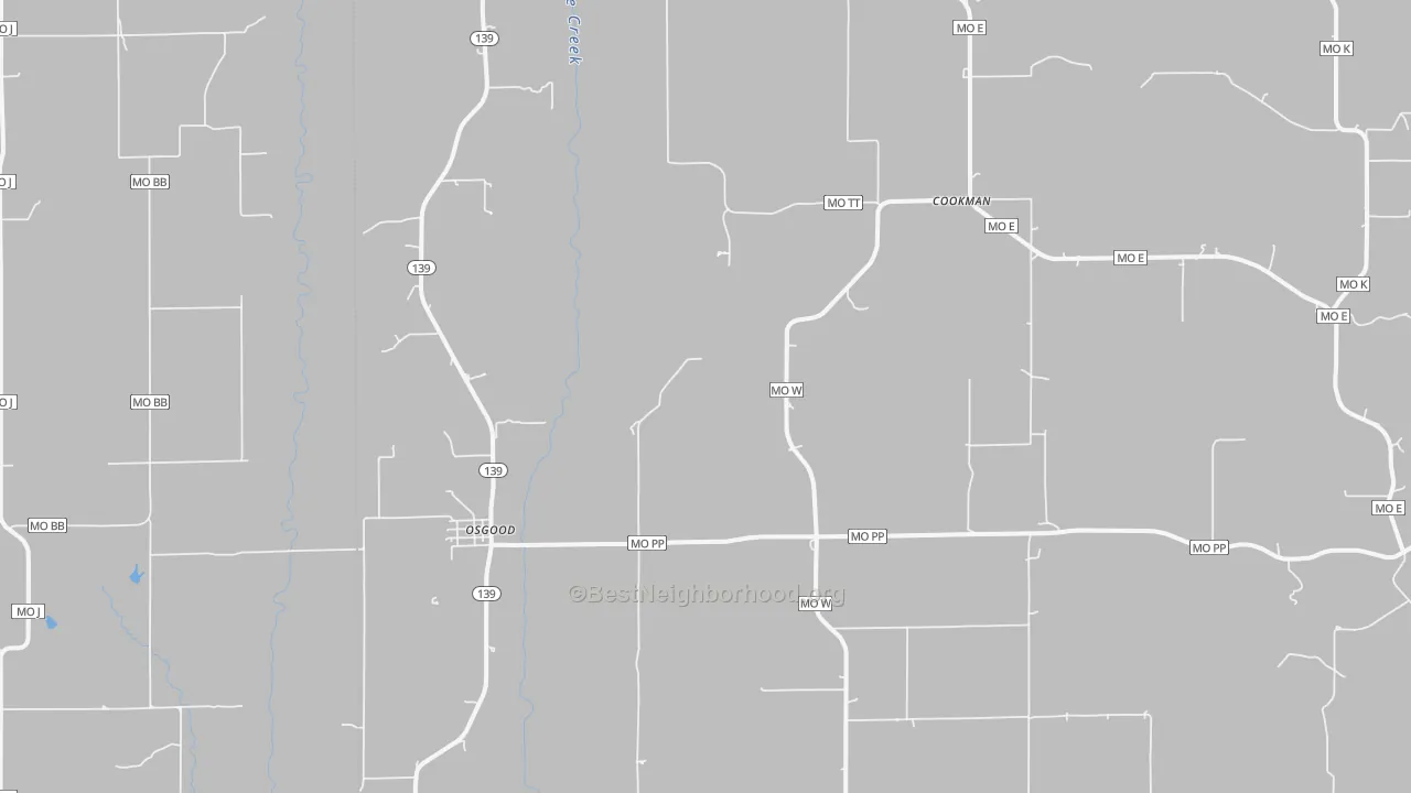 Walk Grade map of Osgood, MO, walkable areas in green and car-dependent areas in red