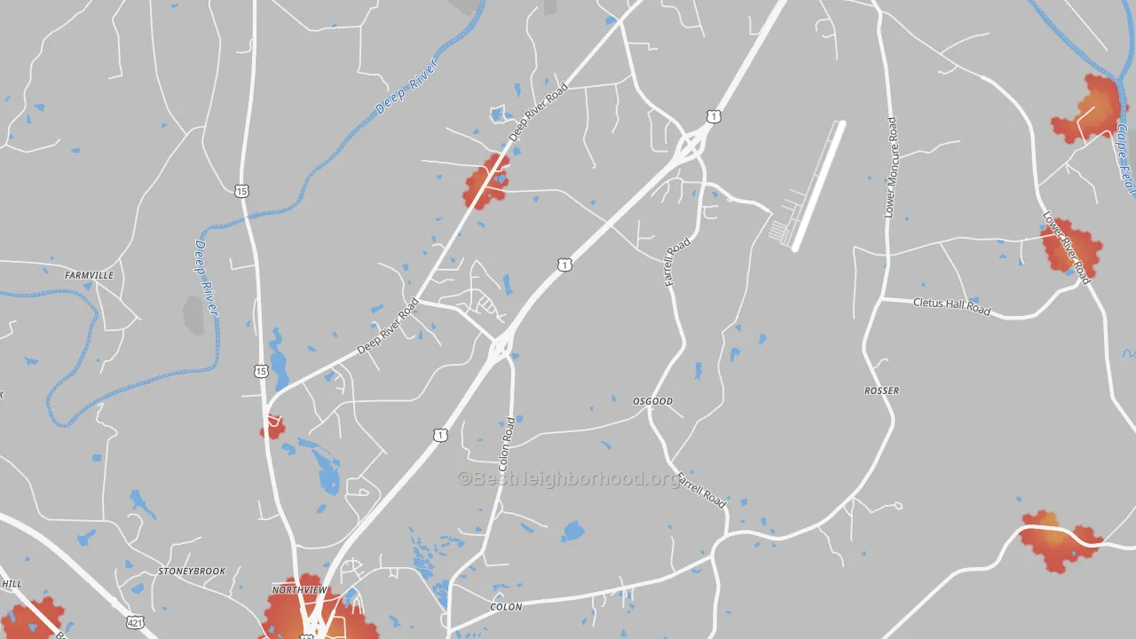 Walk Grade map of Osgood, NC, walkable areas in green and car-dependent areas in red