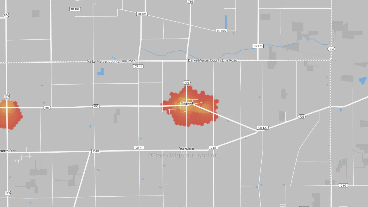 Walk Grade map of Osgood, OH, walkable areas in green and car-dependent areas in red