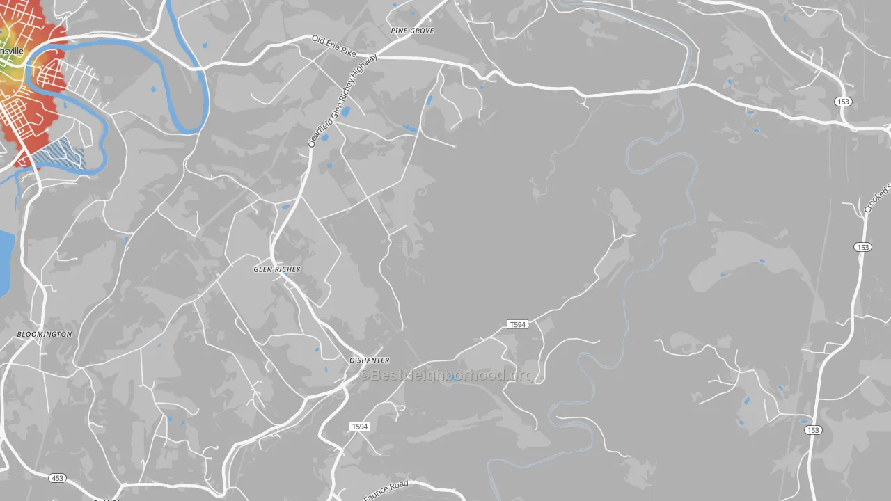 Walk Grade map of Oshanter, PA, walkable areas in green and car-dependent areas in red