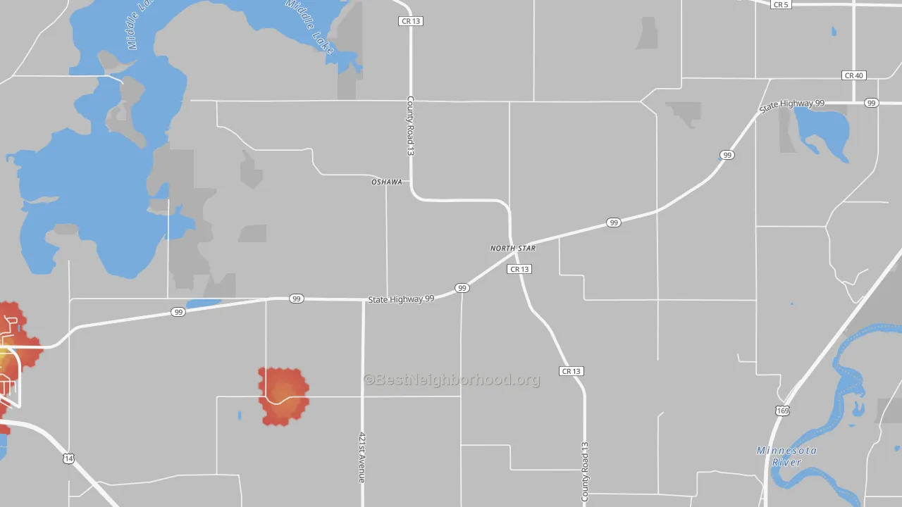 Walk Grade map of Oshawa, MN, walkable areas in green and car-dependent areas in red
