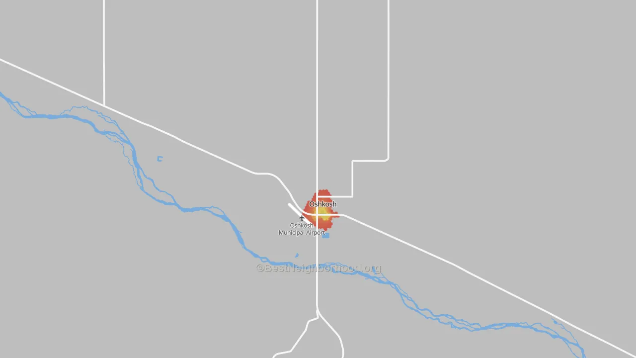 Walk Grade map of Oshkosh, NE, walkable areas in green and car-dependent areas in red