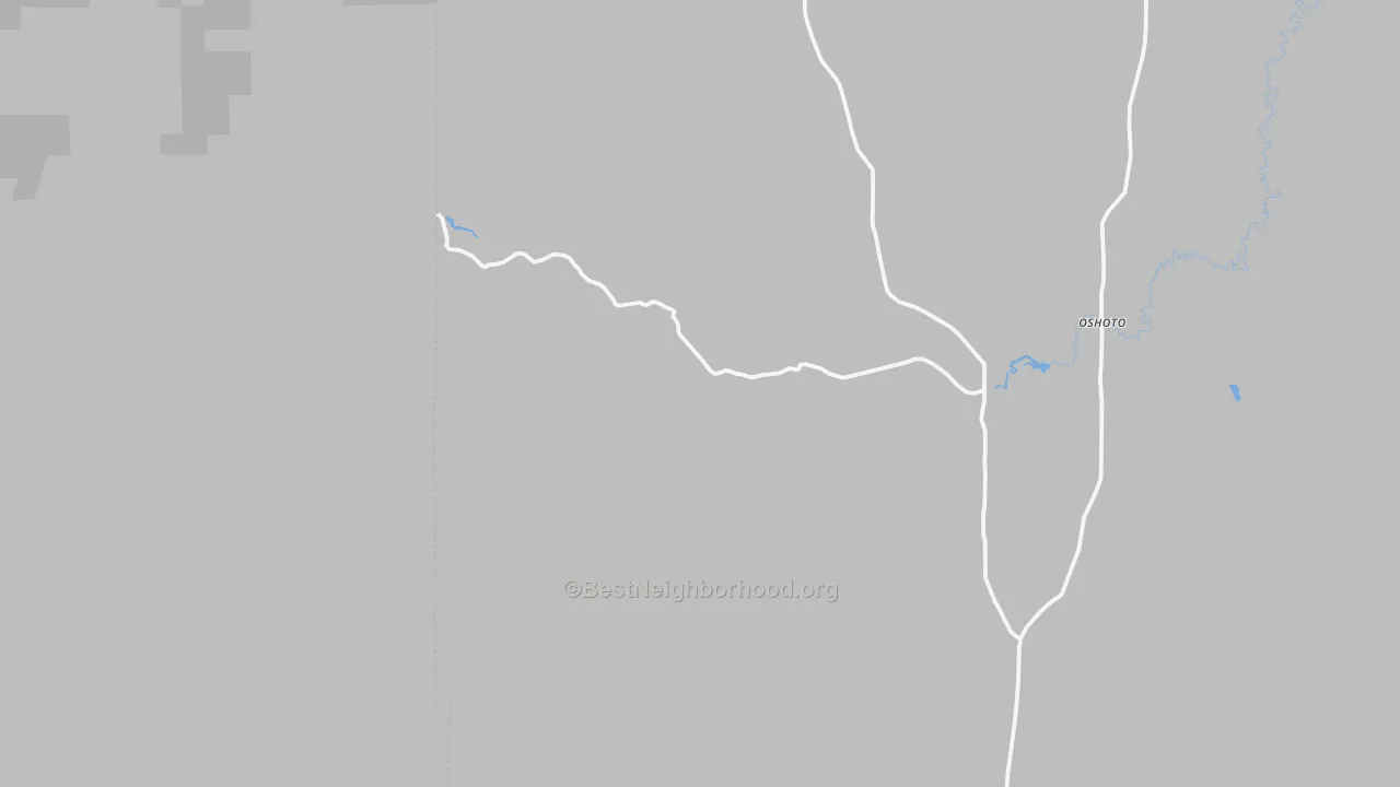 Walk Grade map of Oshoto, WY, walkable areas in green and car-dependent areas in red