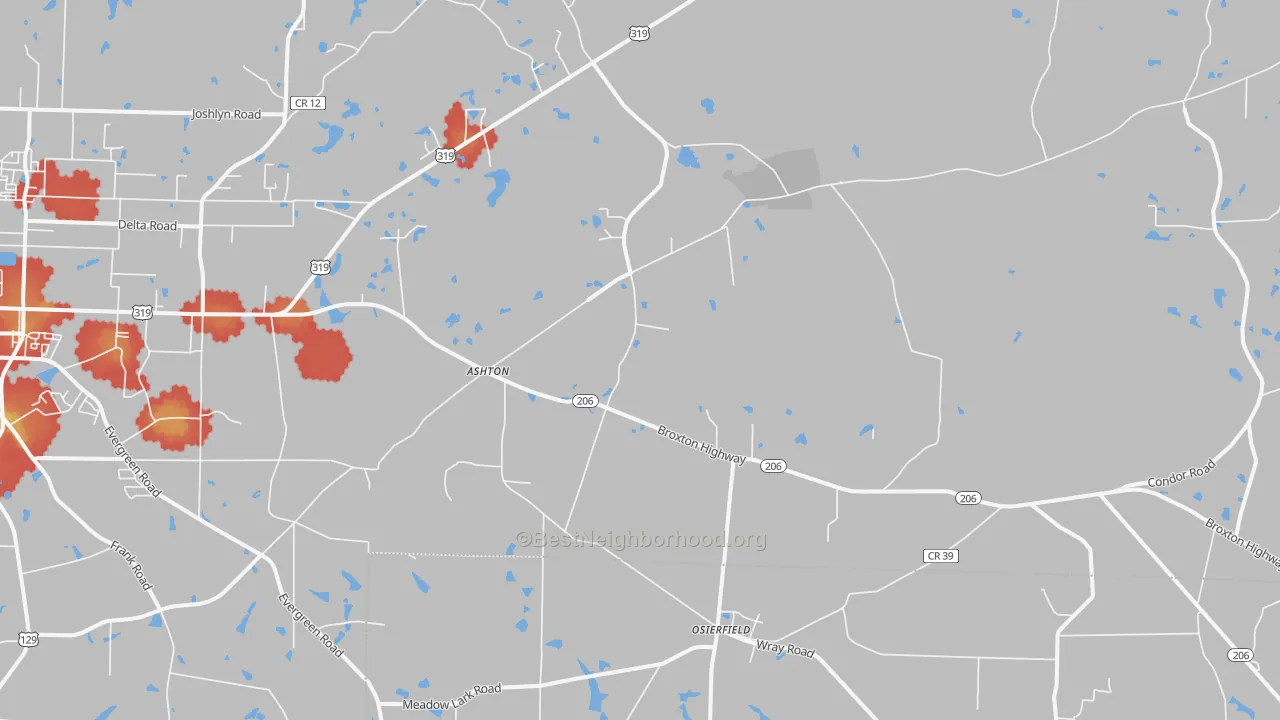 Walk Grade map of Osierfield, GA, walkable areas in green and car-dependent areas in red