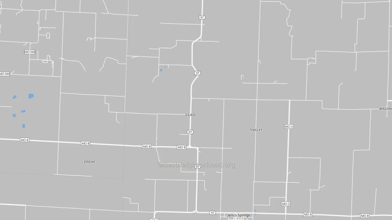 Walk Grade map of Osiris, MO, walkable areas in green and car-dependent areas in red