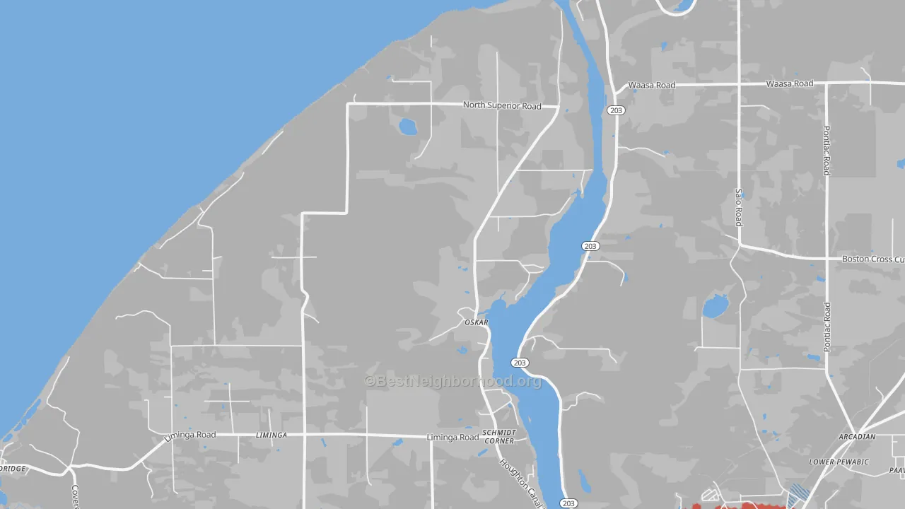 Walk Grade map of Oskar, MI, walkable areas in green and car-dependent areas in red