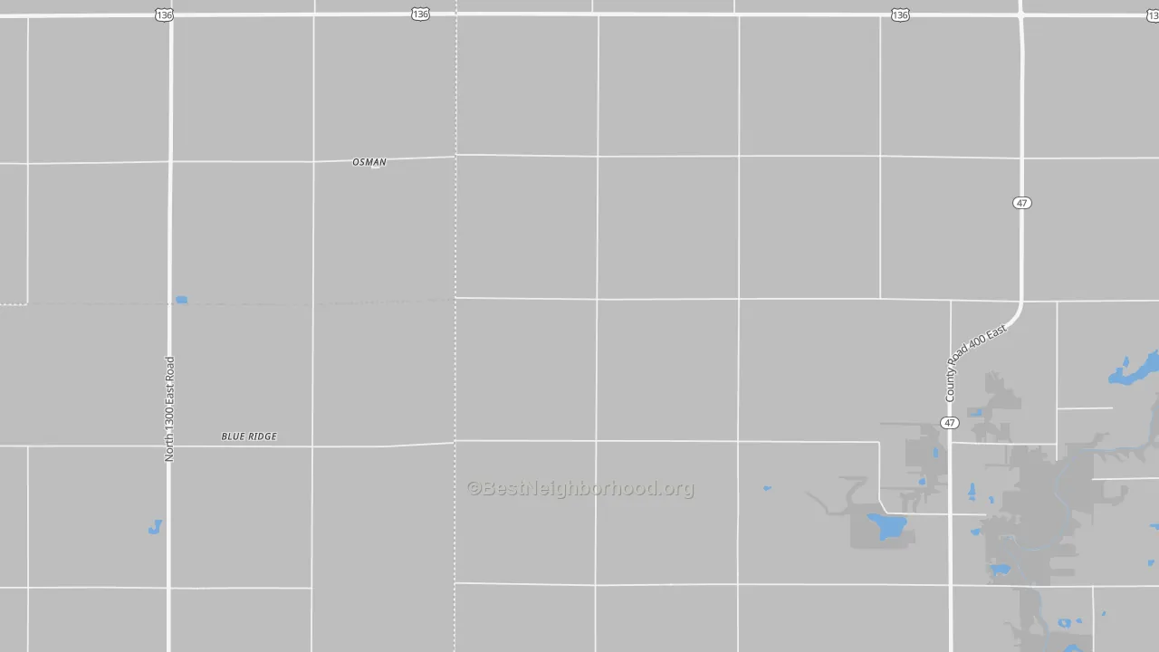 Walk Grade map of Osman, IL, walkable areas in green and car-dependent areas in red