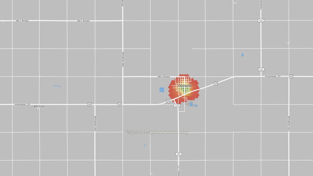 Walk Grade map of Osmond, NE, walkable areas in green and car-dependent areas in red