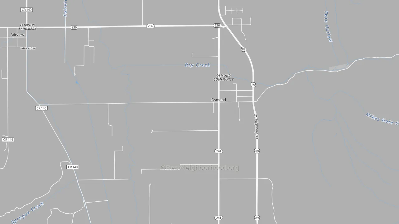 Walk Grade map of Osmond, WY, walkable areas in green and car-dependent areas in red