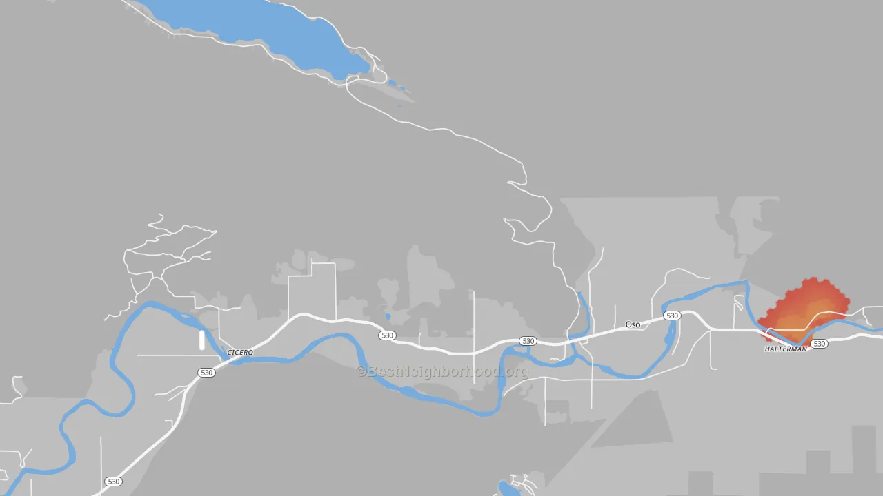 Walk Grade map of Oso, WA, walkable areas in green and car-dependent areas in red