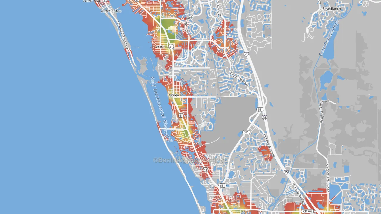 Walk Grade map of Osprey, FL, walkable areas in green and car-dependent areas in red
