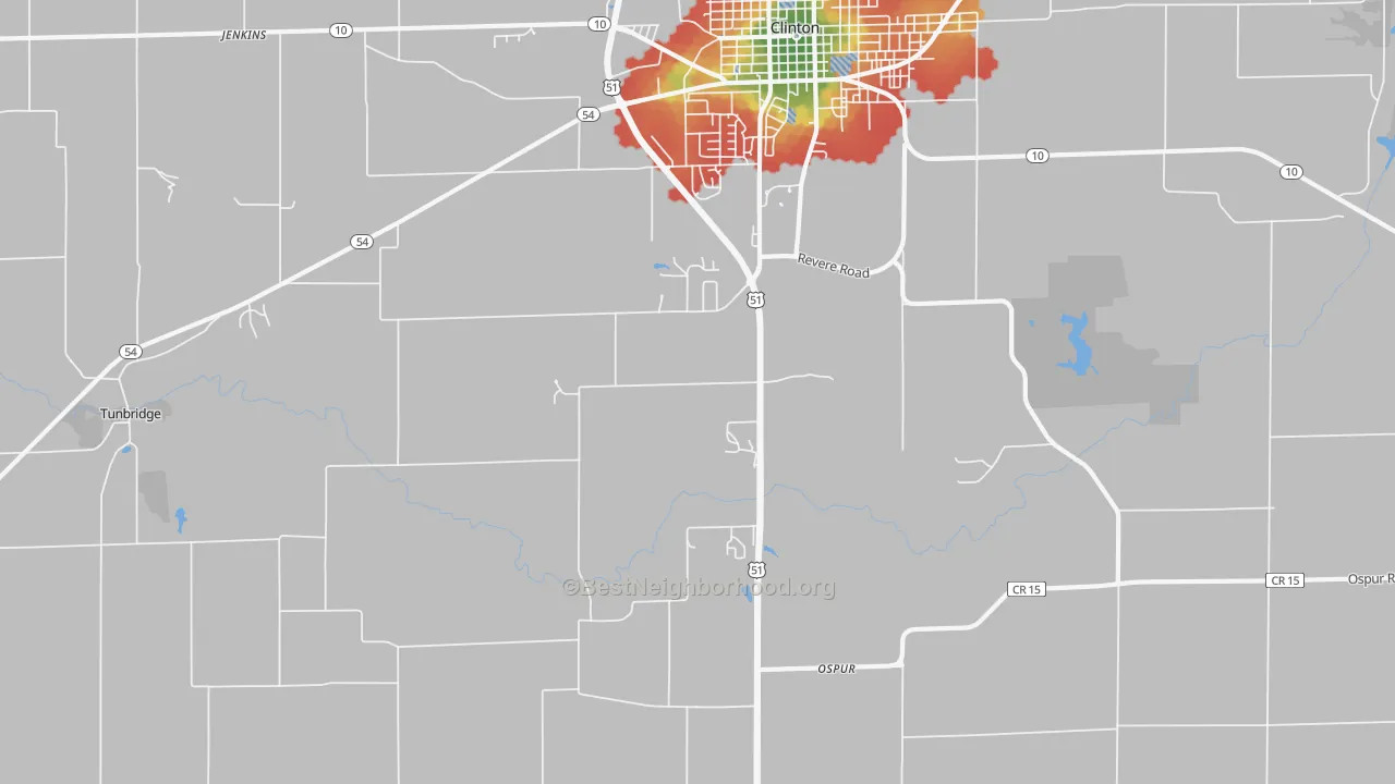 Walk Grade map of Ospur, IL, walkable areas in green and car-dependent areas in red