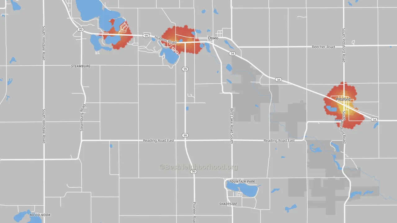 Walk Grade map of Osseo, MI, walkable areas in green and car-dependent areas in red