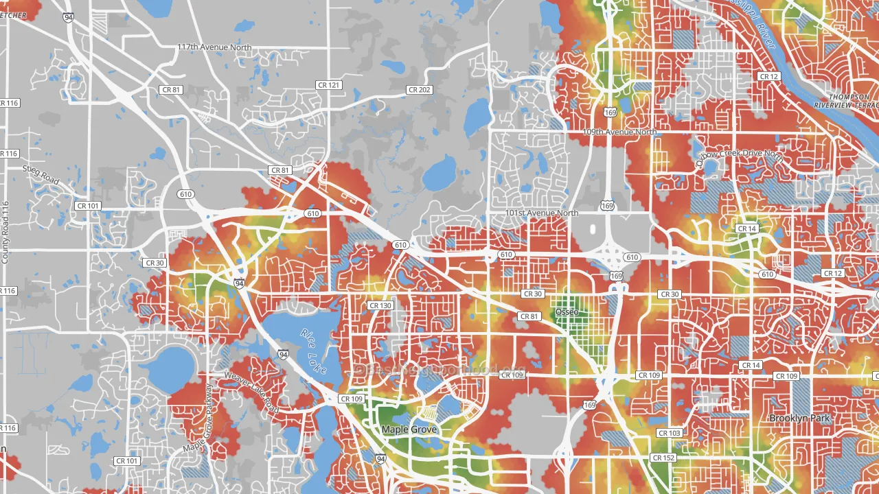 Walk Grade map of Osseo, MN, walkable areas in green and car-dependent areas in red