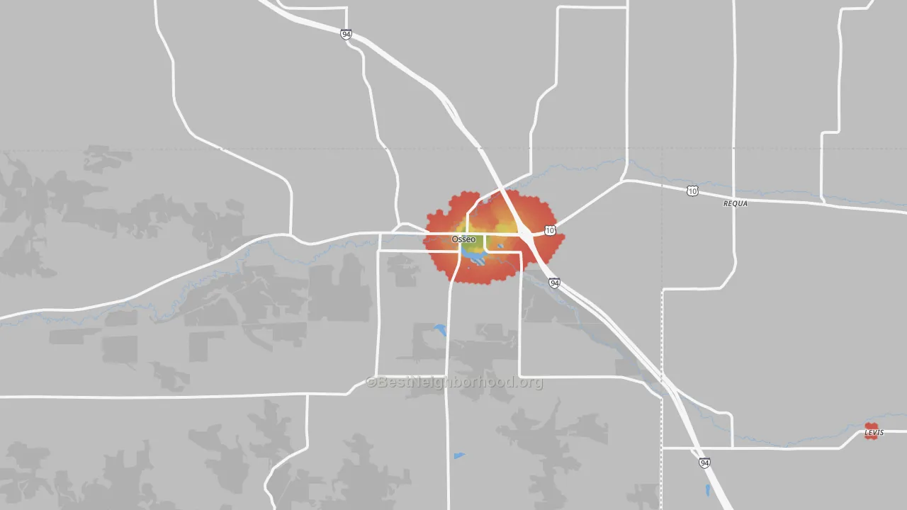 Walk Grade map of Osseo, WI, walkable areas in green and car-dependent areas in red