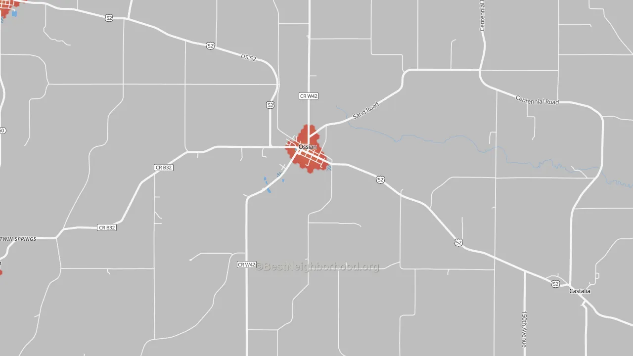Walk Grade map of Ossian, IA, walkable areas in green and car-dependent areas in red