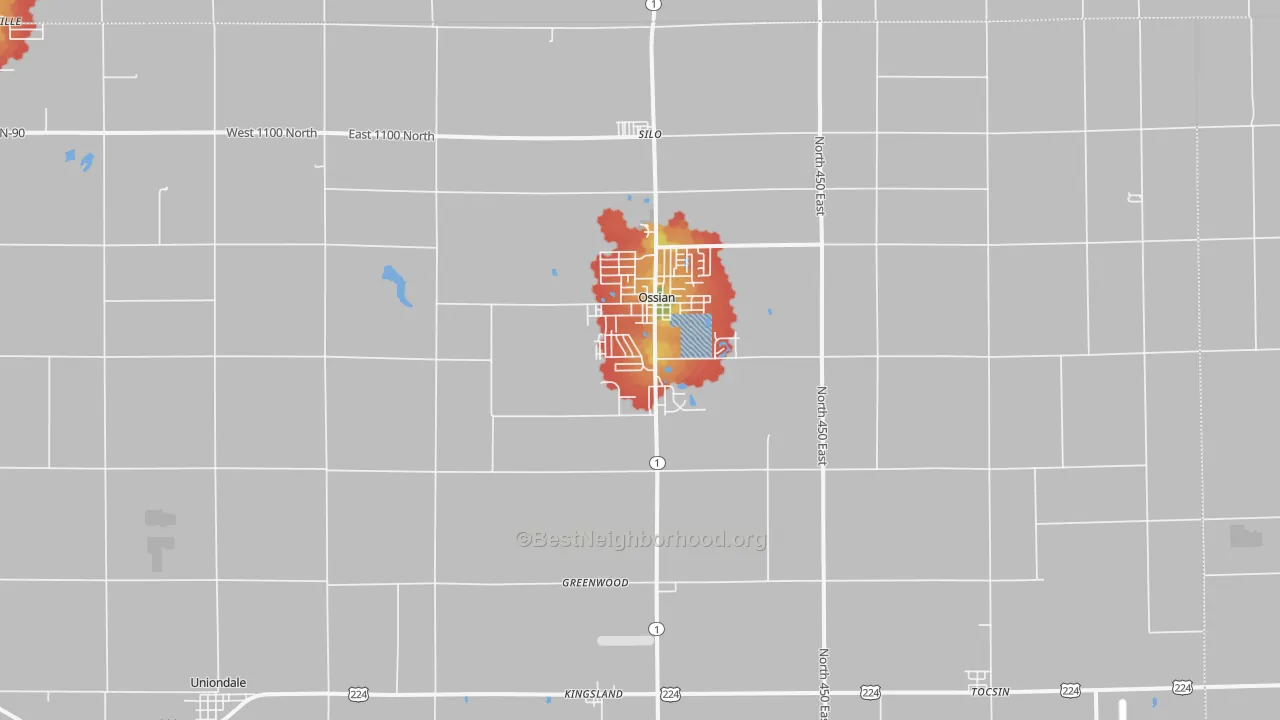Walk Grade map of Ossian, IN, walkable areas in green and car-dependent areas in red