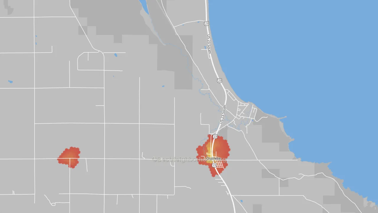 Walk Grade map of Ossineke, MI, walkable areas in green and car-dependent areas in red