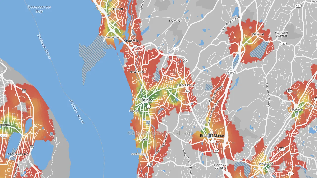 Walk Grade map of Ossining, NY, walkable areas in green and car-dependent areas in red