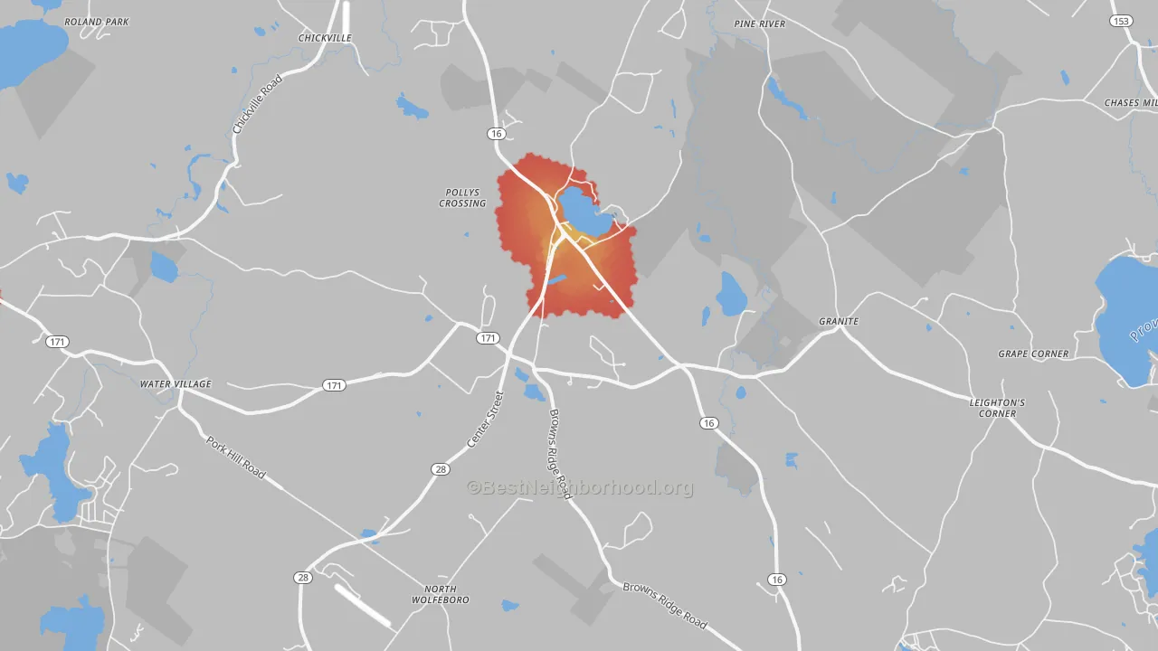 Walk Grade map of Ossipee, NH, walkable areas in green and car-dependent areas in red