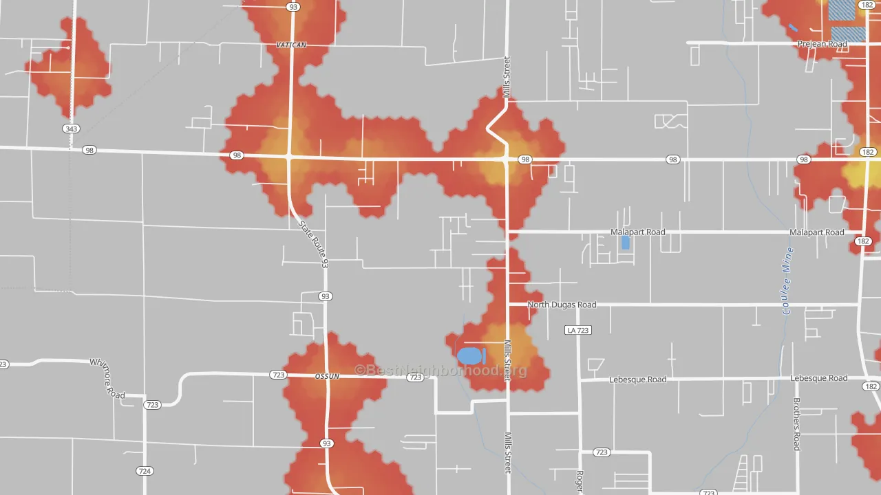 Walk Grade map of Ossun, LA, walkable areas in green and car-dependent areas in red