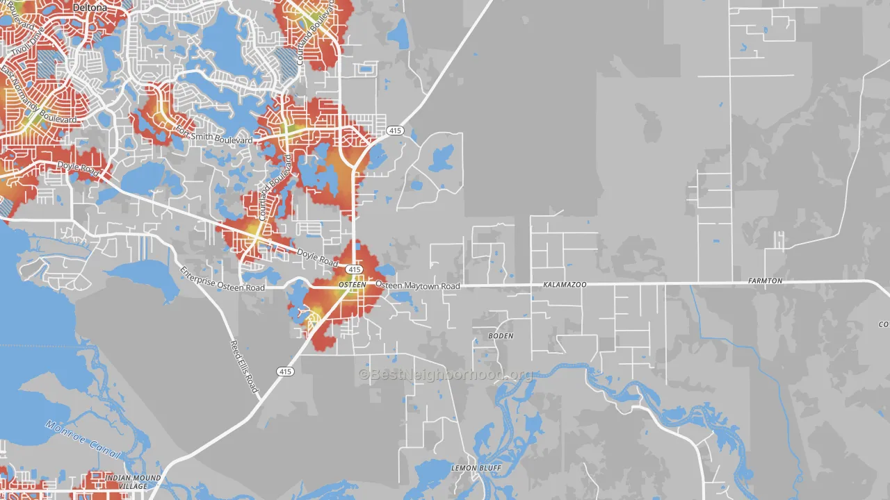 Walk Grade map of Osteen, FL, walkable areas in green and car-dependent areas in red