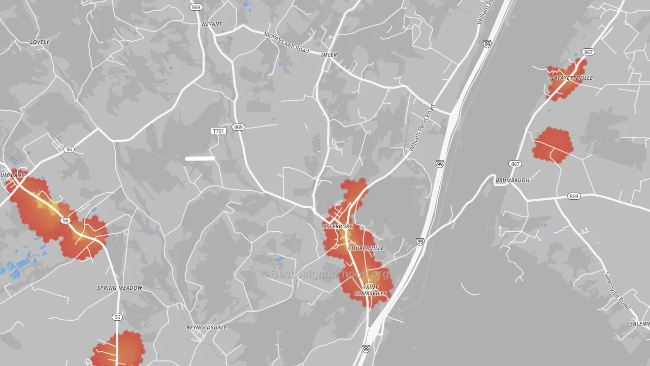 Walk Grade map of Osterburg, PA, walkable areas in green and car-dependent areas in red