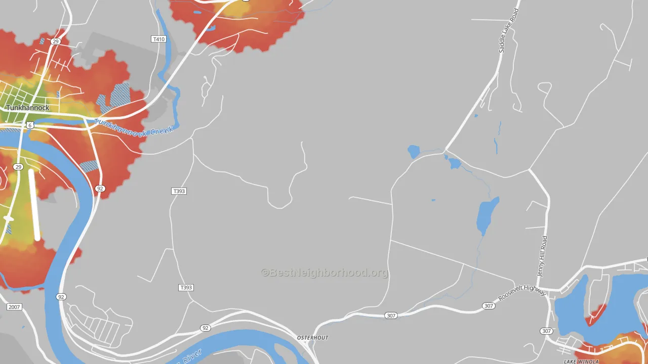 Walk Grade map of Osterhout, PA, walkable areas in green and car-dependent areas in red