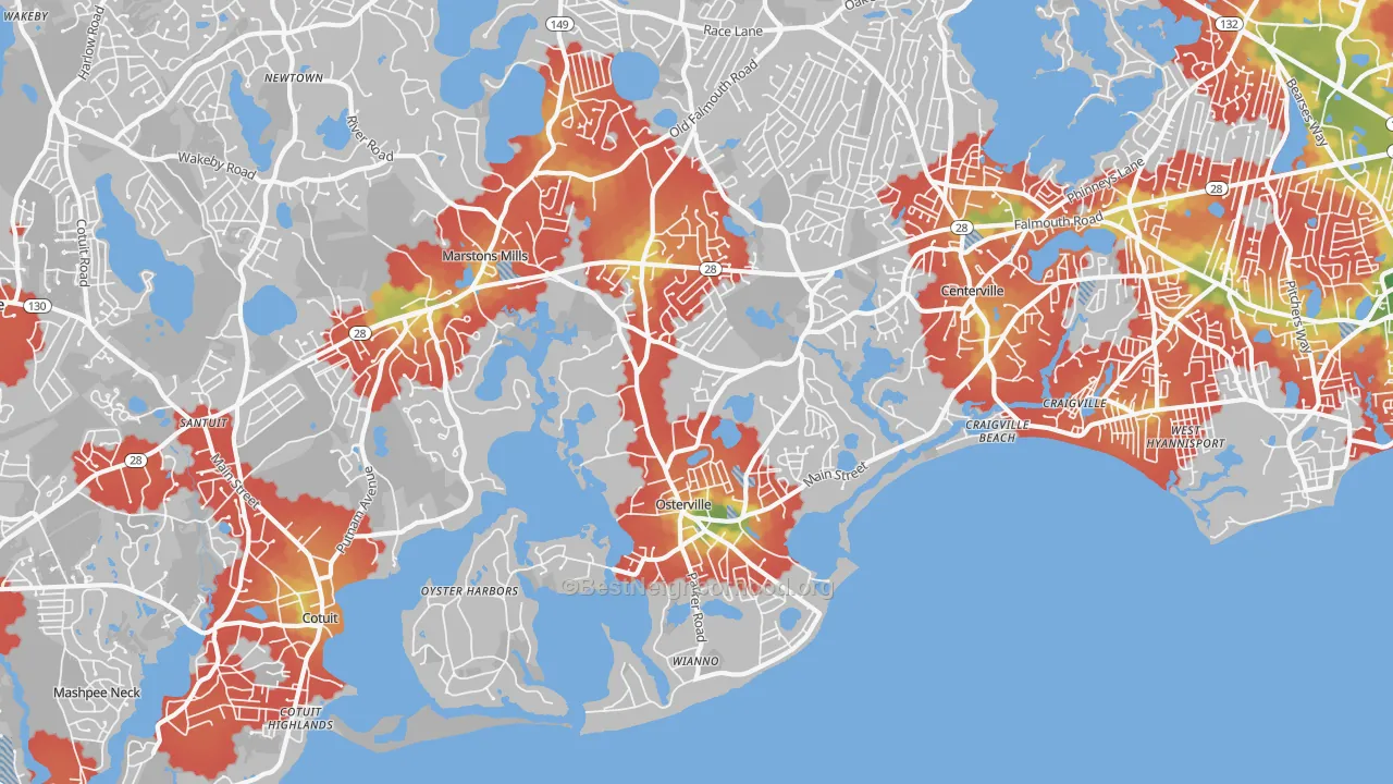 Walk Grade map of Osterville, MA, walkable areas in green and car-dependent areas in red