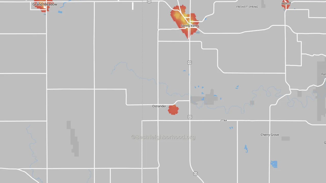 Walk Grade map of Ostrander, MN, walkable areas in green and car-dependent areas in red