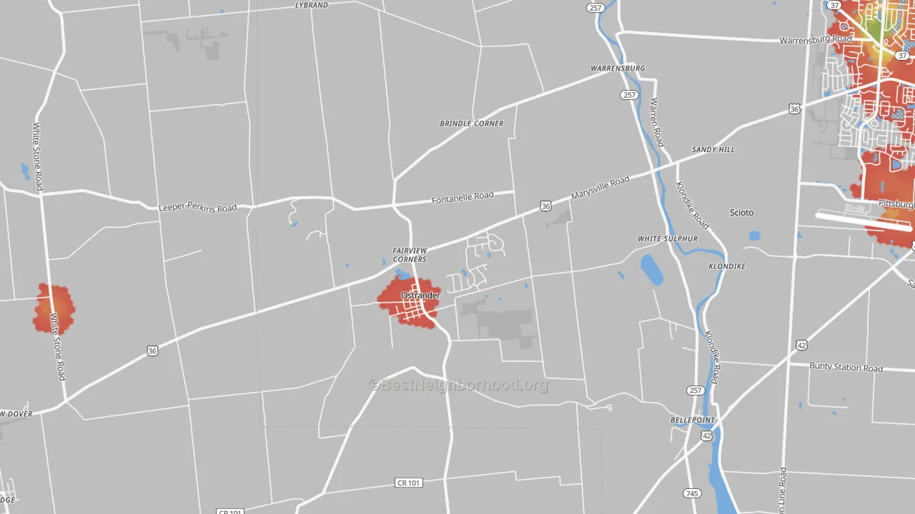 Walk Grade map of Ostrander, OH, walkable areas in green and car-dependent areas in red