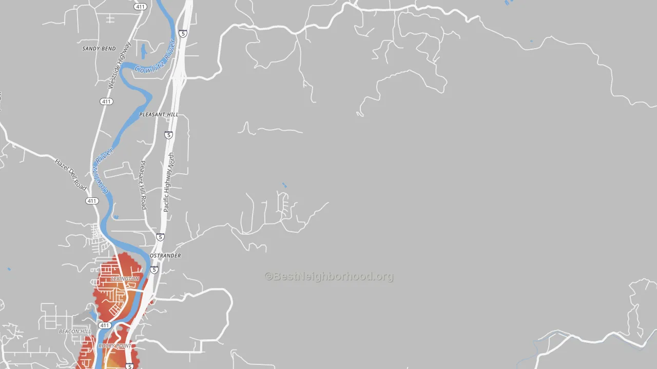 Walk Grade map of Ostrander, WA, walkable areas in green and car-dependent areas in red