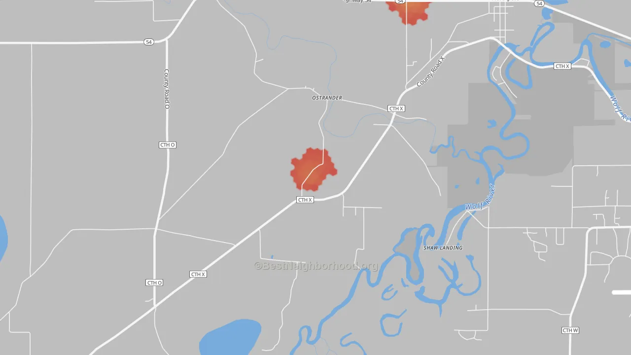 Walk Grade map of Ostrander, WI, walkable areas in green and car-dependent areas in red