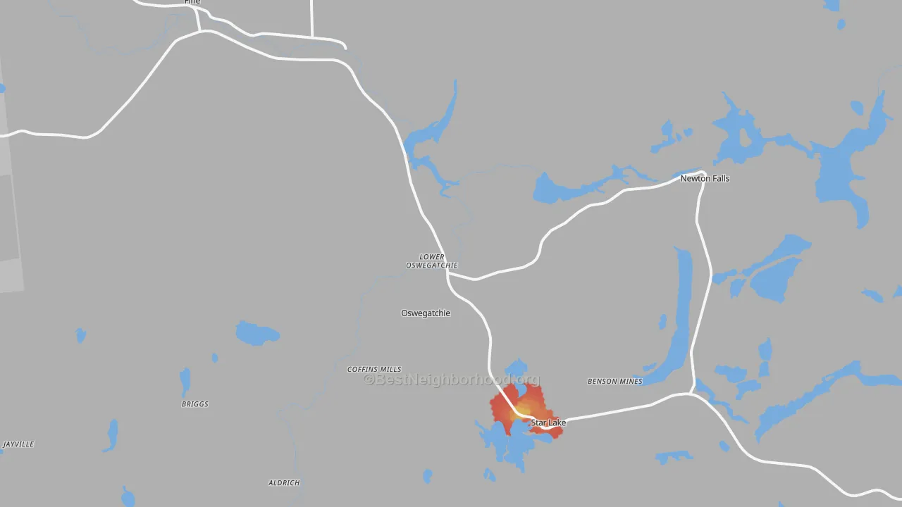 Walk Grade map of Oswegatchie, NY, walkable areas in green and car-dependent areas in red