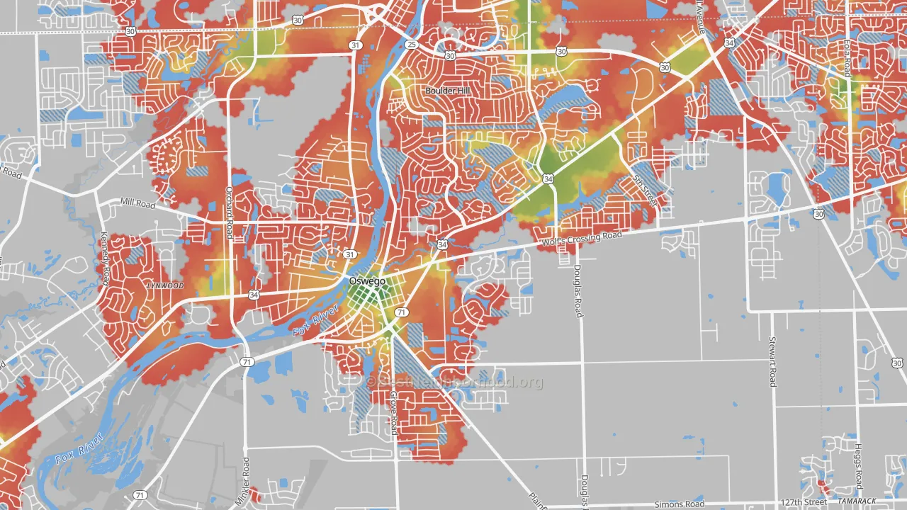 Walk Grade map of Oswego, IL, walkable areas in green and car-dependent areas in red