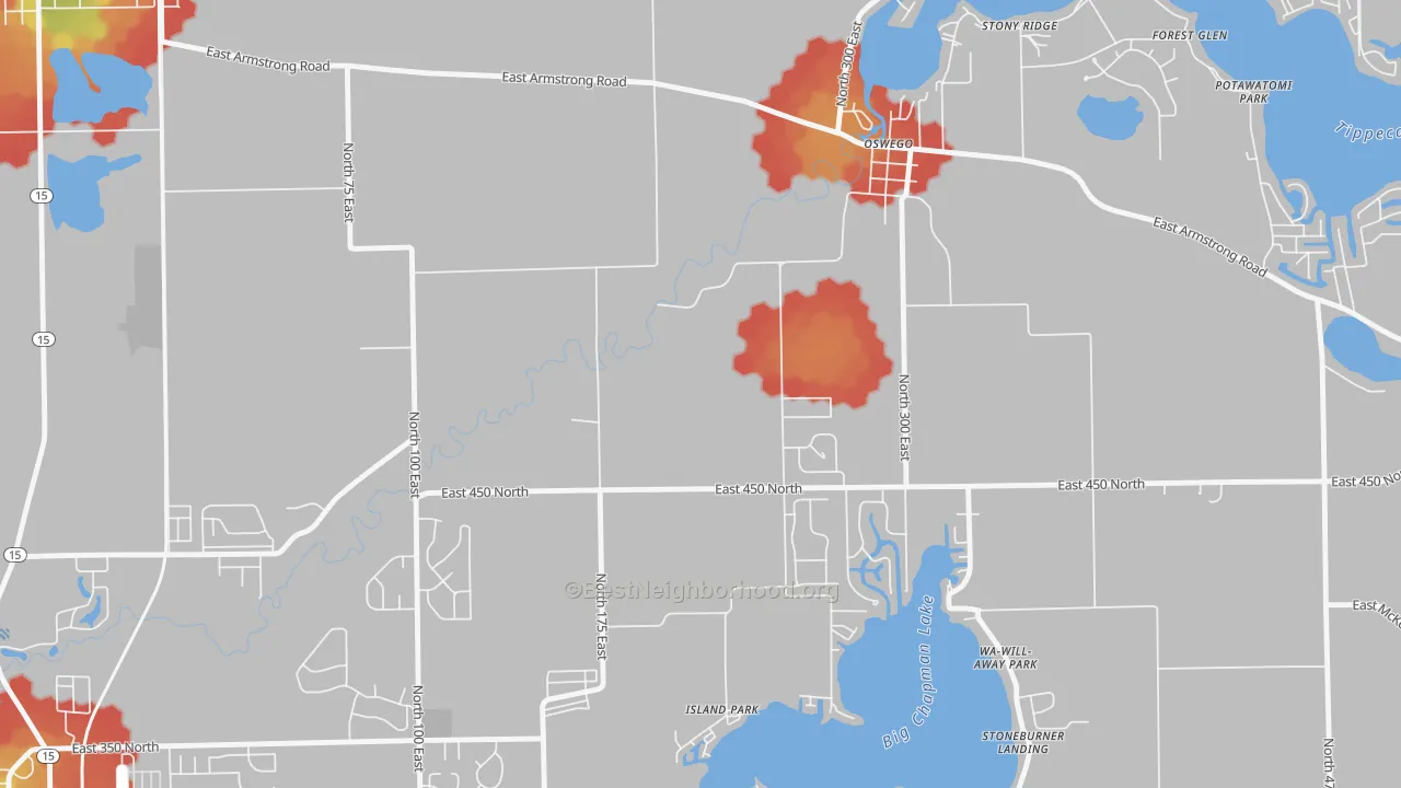 Walk Grade map of Oswego, IN, walkable areas in green and car-dependent areas in red