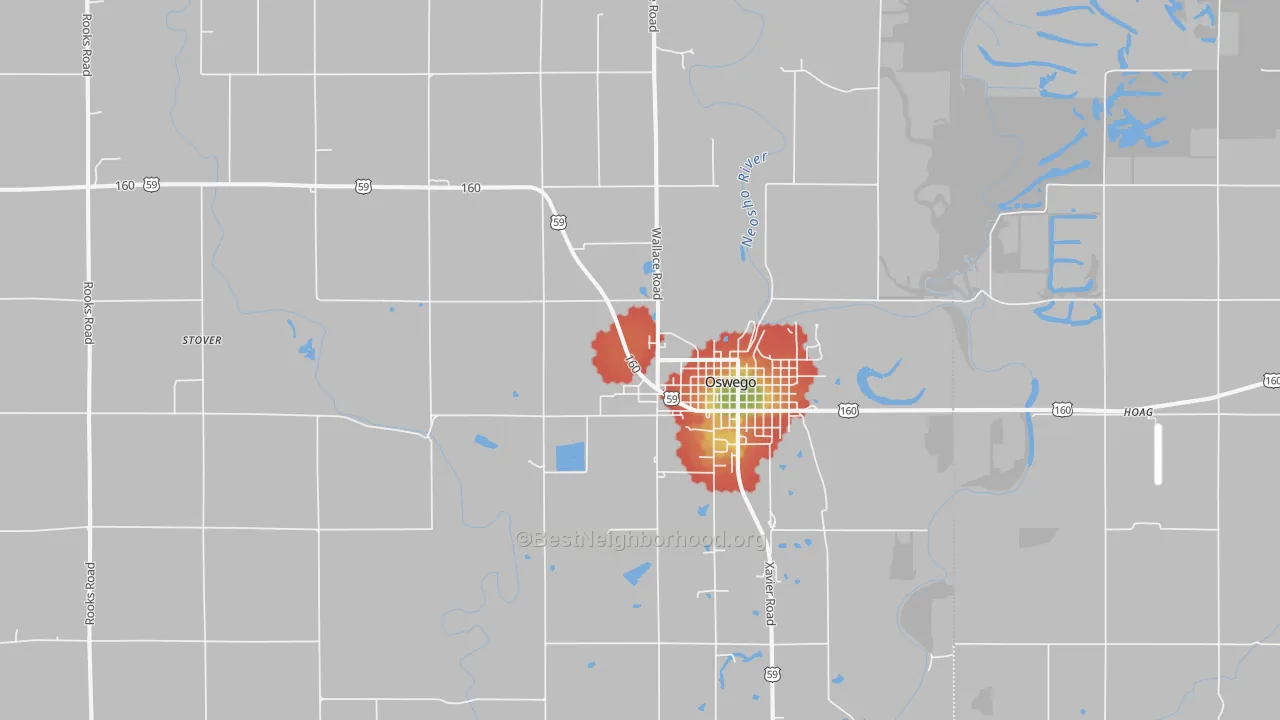 Walk Grade map of Oswego, KS, walkable areas in green and car-dependent areas in red