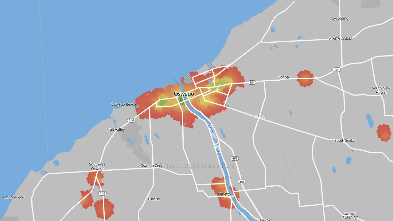 Walk Grade map of Oswego, NY, walkable areas in green and car-dependent areas in red