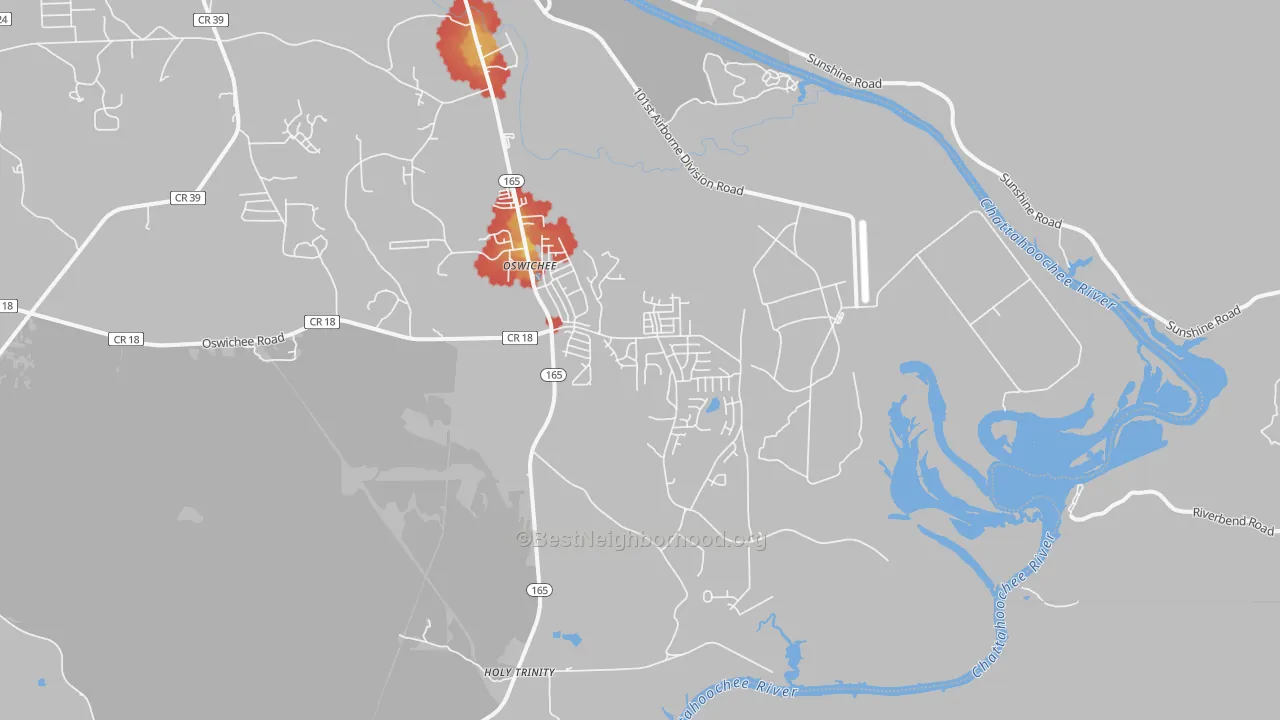 Walk Grade map of Oswichee, AL, walkable areas in green and car-dependent areas in red