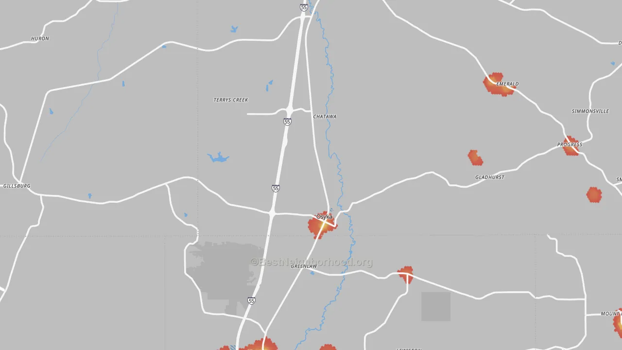 Walk Grade map of Osyka, MS, walkable areas in green and car-dependent areas in red