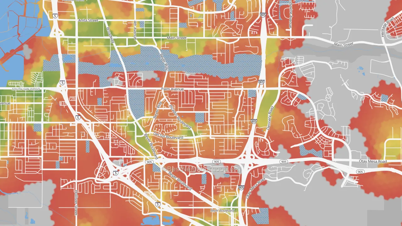 Walk Grade map of Otay Mesa West, San Diego, CA, walkable areas in green and car-dependent areas in red
